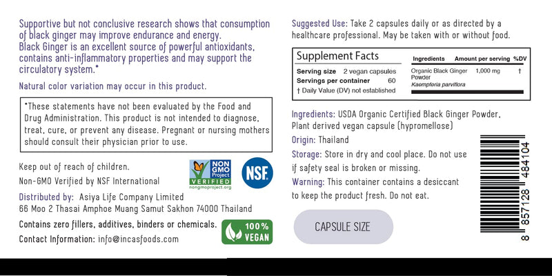[Australia] - INCAS Organic Black Ginger 120 Vegan Capsules 500mg Each from Thailand Non GMO Verified Kaempferia Parviflora Thai Ginseng 