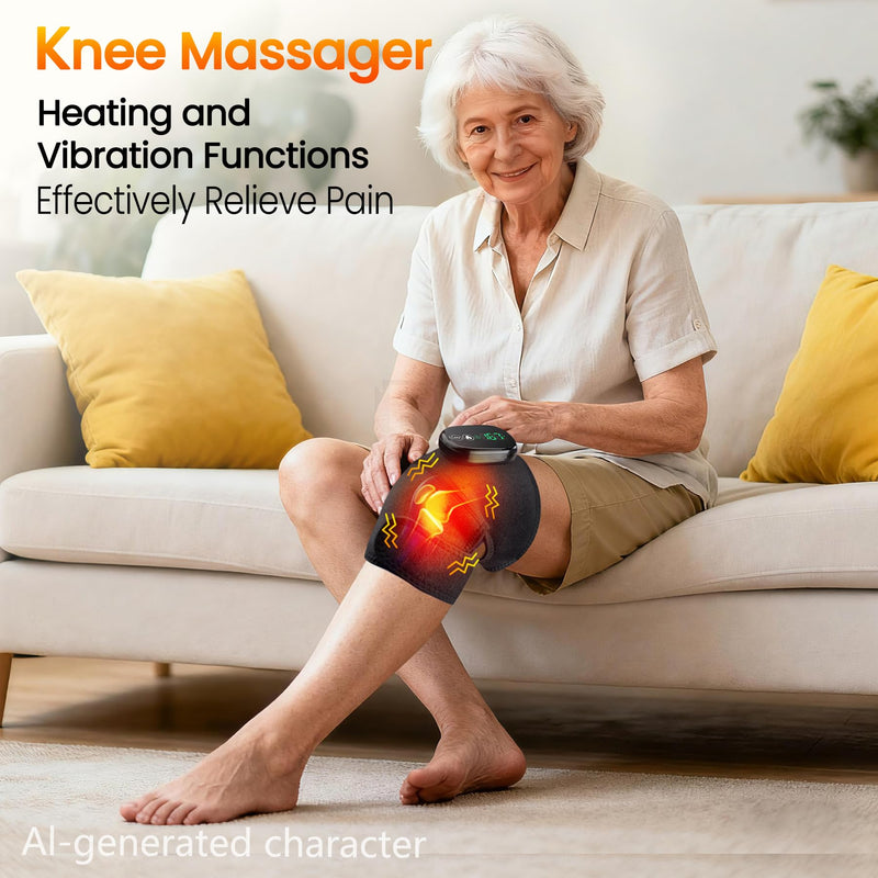 Heated Knee Massager Vibration Cordless Knee Brace， 3-in-1 Heating Pad for Elbow Shoulder， 3 Heat Levels and 3 Massage Heads Knee Brace Wrap Gifts for Mom Dad Black-1pack