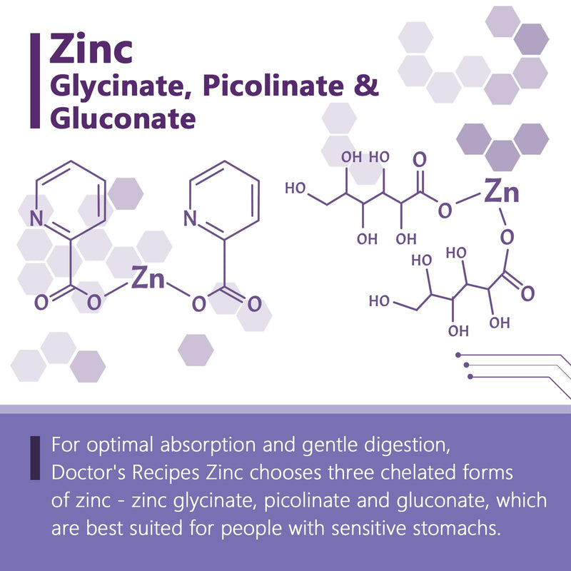 Doctor's Recipes Zinc Supplement 50mg, Triple Action Immune Support, Chelated Zinc Picolinate, Glycinate & Gluconate, Once Daily for Men & Women, Skin Health, Hormone Balance, Vegan, 60 Capsules