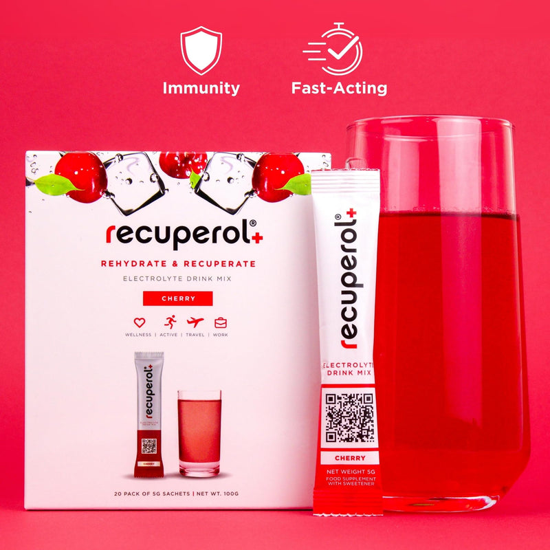 Recuperol Electrolytes Sachets - Rehydration Electrolytes Powder with Zinc, Vitamin C, B12, D3 & Potassium for Hydration - Sugar Free, Vegan & Low Calorie - Cherry 20 Pack