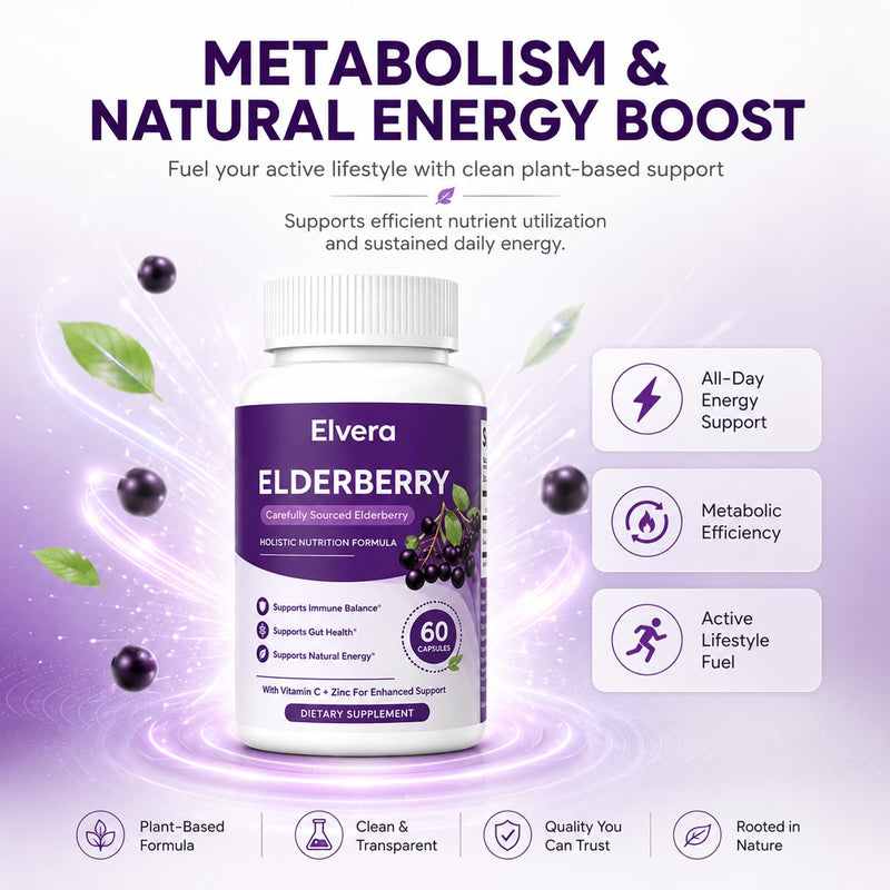 Elvera Elderberry Gut Support, 1200mg Elderberry Extract Capsules, with Zinc & Vitamin C for Digestive Balance, Immune Support | Vegan, Non-GMO