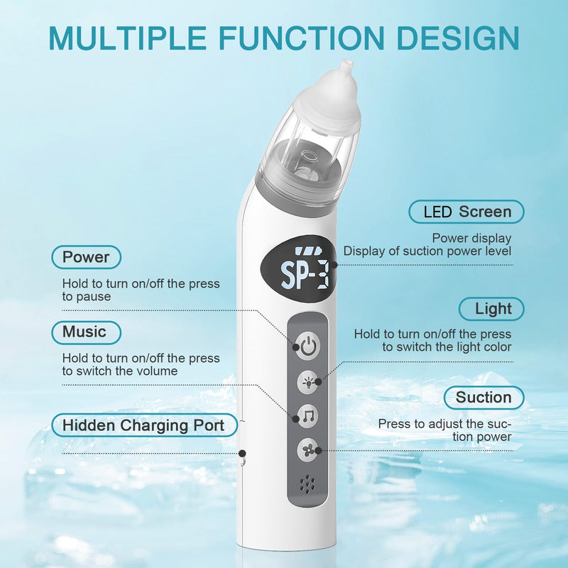 [Australia] - Bivni Baby Nasal Aspirator,IPX7 Waterproof Electric Nasal Aspirator for Baby,with 3 Silicone Tips, Adjustable 3 Levels Suction,8 Light Soothing Function & Music 