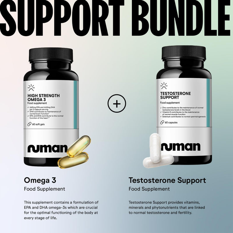 Numan Testosterone Support + Omega 3 Fish Oil Stack – Maca, Tribulus, Zinc & Panax Ginseng with EPA DHA Fish Oil – Daily Supplement Kit for Vitality, Heart & Muscle Function – UK Made