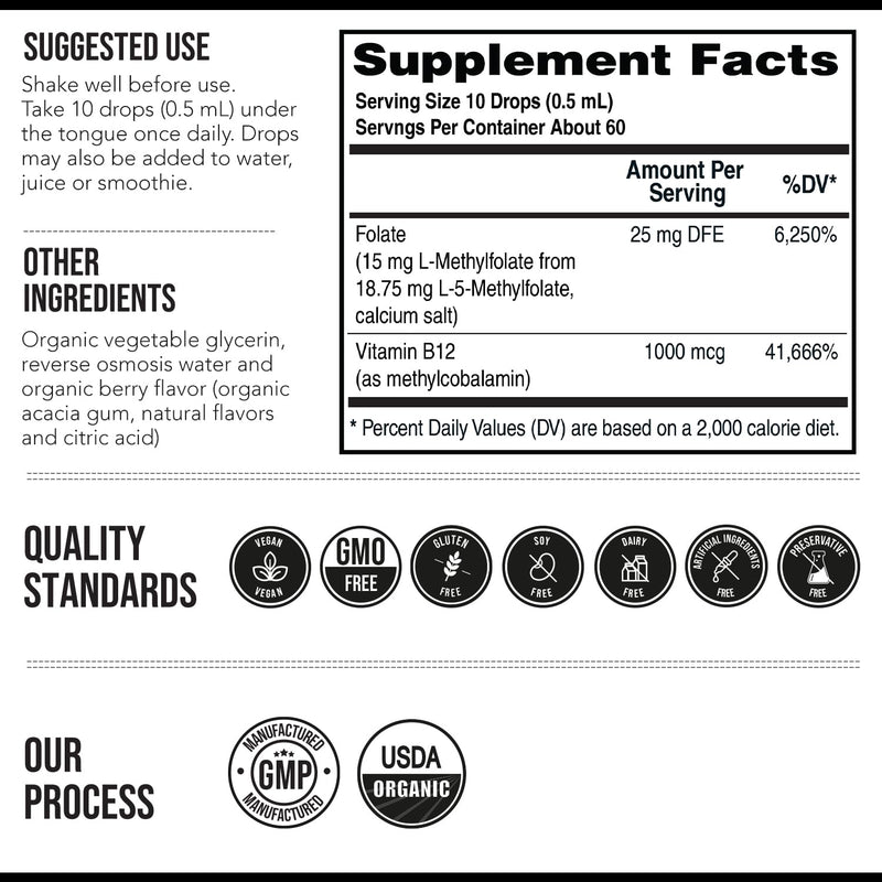 L Methyl Folate 15mg Plus Methyl B12 Cofactor – Organic Berry Flavor, High Potency Liquid Sublingual Active 5-MTHF Form - Supports Mood, Methylation, Cognition – Bioactive Forms Vitamin B9 & B12 (1oz) Drop 1 Fl Oz (Pack of 1)