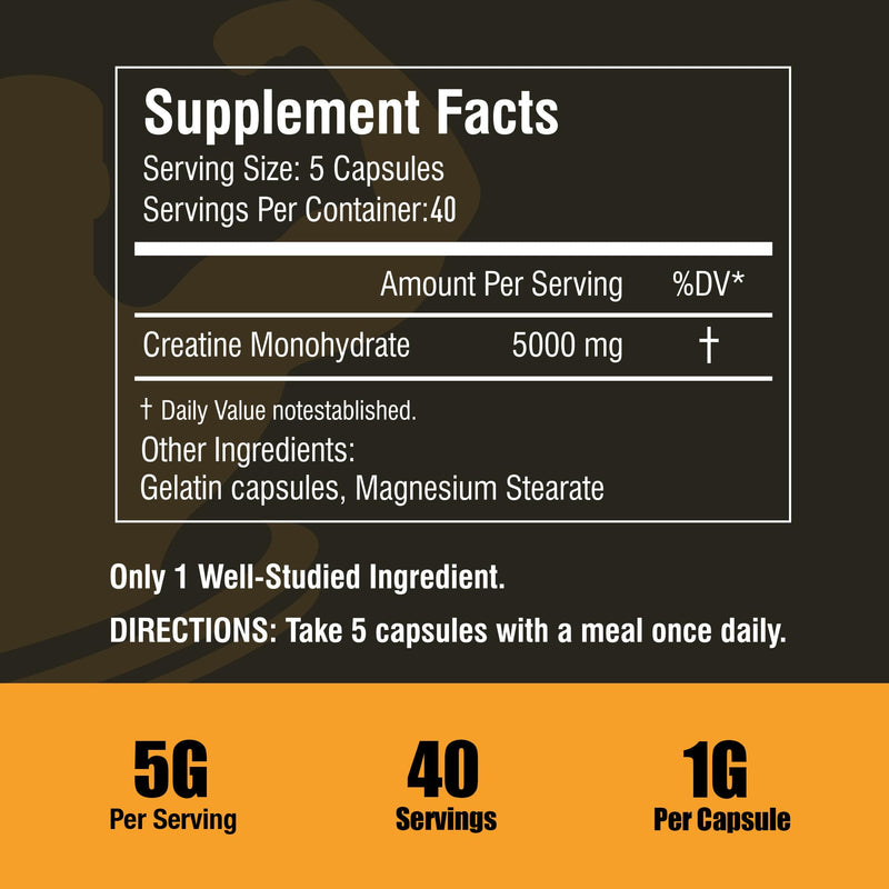 [Australia] - Micronized Creatine Monohydrate Capsules 200G, 200 Creatine Capsules Supplement for Muscle, Strength, Performance, Energy, Recovery, Gluten Free Creatine for Women and Men (40 Servings) 200 Count (Pack of 1) 