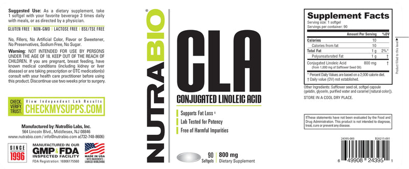 [Australia] - NutraBio CLA Conjugated Linoleic Acid Supplement, 800mg - 90 Softgels 