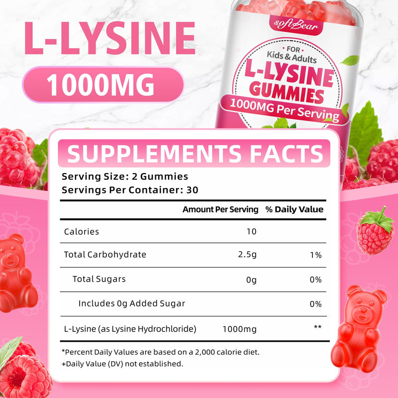 [Australia] - softbear L-Lysine Gummies for Adults & Kids, L Lysine 1000mg Chewable Lysine Supplement for Lips & Oral Health, Immune & Collagen Support, Vegan, Non GMO, Gluten-Free, Raspberry Flavor 60 Count 60 Count (Pack of 1) 