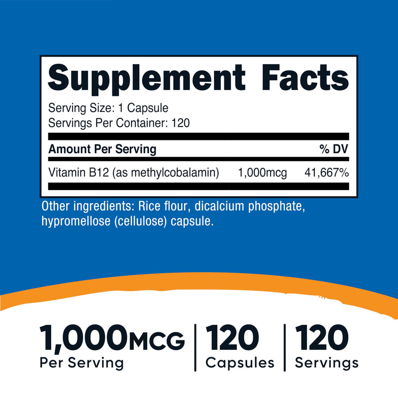 Nutricost Vitamin B12 (Methylcobalamin) 1000mcg, 120 Capsules, Gluten Free | Vegetarian, GMO-Free B12 Supplement 120 Count (Pack of 1)
