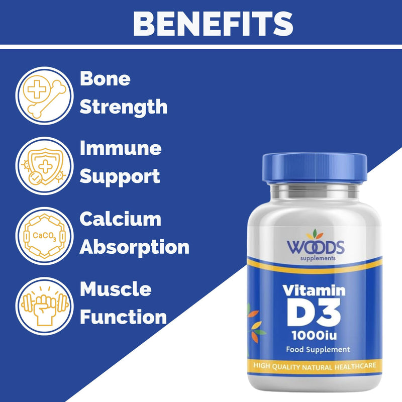 Woods Supplements - Vitamin D3 1000iu 180x Tablets of High Strength Vitamin D Supplement for Healthy Bones & Teeth. Contributes to Immune Support and Normal Muscle Function 180