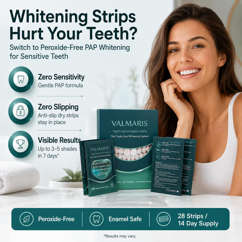 Premium Teeth Whitening Strips for Sensitive Teeth, 28 Strips, 14 Day At Home Stain Remover Pap Peroxide Free Non-Slip Dry Strips, Enamel Safe Whitening Kit, Winter Mint Flavor Winter 𝗠𝗶𝗻𝘁