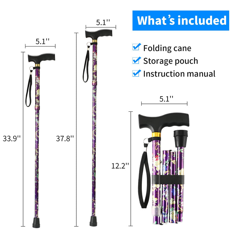 [Australia] - Walking Cane LIXIANG Cane for Man/Woman | Mobility & Daily Living Aids | 5-Level Height Adjustable Walking Stick | Comfortable Plastic T-Handle Portable Walking Stick Folding Cane Purple printing 