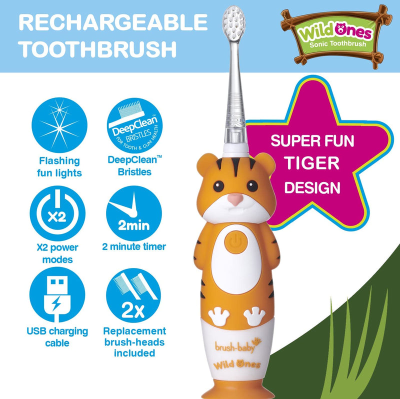 [Australia] - brush-baby WildOnes Kids Electric Rechargeable Toothbrush TIGER, 1 Handle, 3 Brush Heads, USB Charging Cable, for Ages 0-10 (Tiger) 