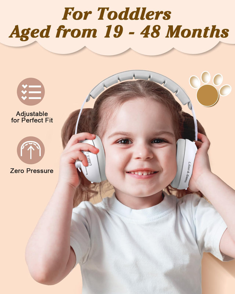[Australia] - Lilian&Gema 2-in-1 Baby Ear Muffs Noise Protection, Adjustable Baby Headphones with Stretchy Band, Noise Cancelling Headphones for Baby & Toddler up to 4 Years, Baby Airplane Essentials/Outdoor, White 