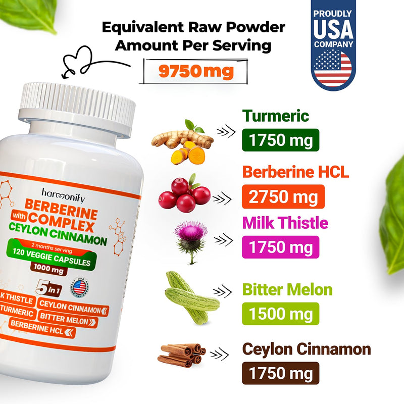 Berberine Supplement with Ceylon Cinnamon, Milk Thistle, Turmeric, Bitter Melon Complex, Immune Supports, 120 Capsules, 1000 mg, Vegan, Non-GMO