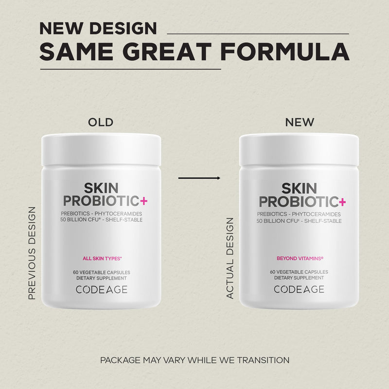 Codeage Skin Probiotics + Prebiotics - Skin Care Routine Supplement - 50 Billion CFU - Ayurvedic Botanical Herbs - Face Probiotics - Shelf Stable Cleanser, Non-GMO, Vegan - 60 Capsules