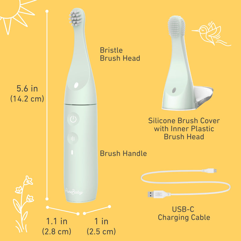Pure Enrichment PureBaby Infant-to-Toddler Electric Toothbrush - Waterproof Baby & Toddler Toothbrush with Silicone & Bristle Heads, Sonic Vibration, & Timer - Ages 6 Mo-3 Yrs (Sage Green)