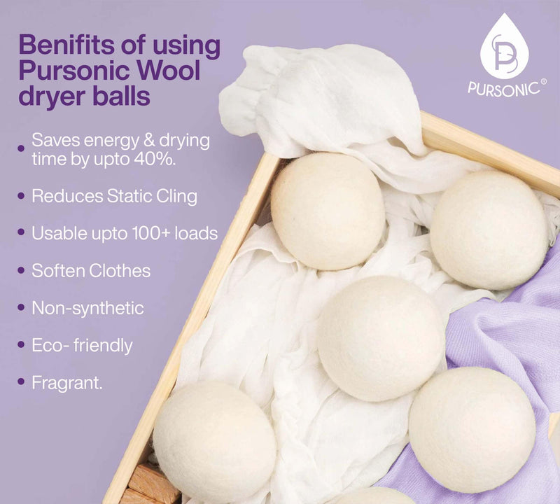 Pursonic Laundry Wool Dryer Balls Bundle - Reusable Dryer Balls Made from Pure New Zealand Wool - Natural Fabric Softener Balls with Lavender Oil & Peppermint Oil - 2.75" Diameter, 4-Pack 4 Dryer Balls with Lavender & Peppermint Oils