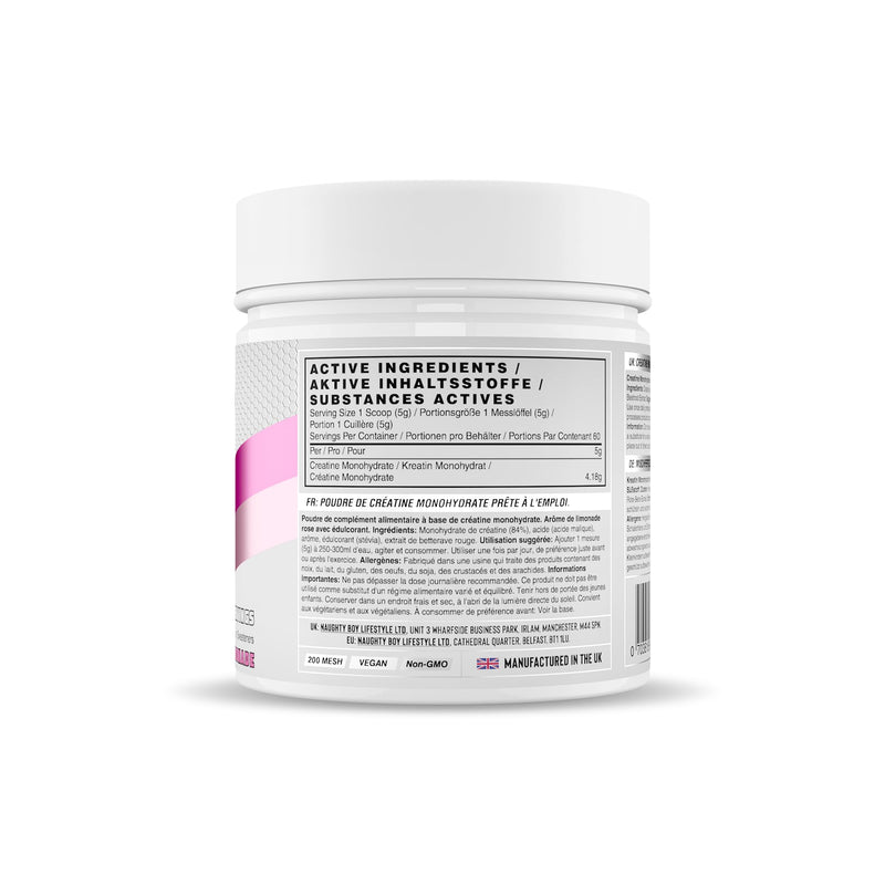 Naughty Boy Micronised Creatine Monohydrate Powder, Creatine Supplement for Strength, Power & Performance, Vegan Friendly, 300g, 60 Servings, Pink Lemonade