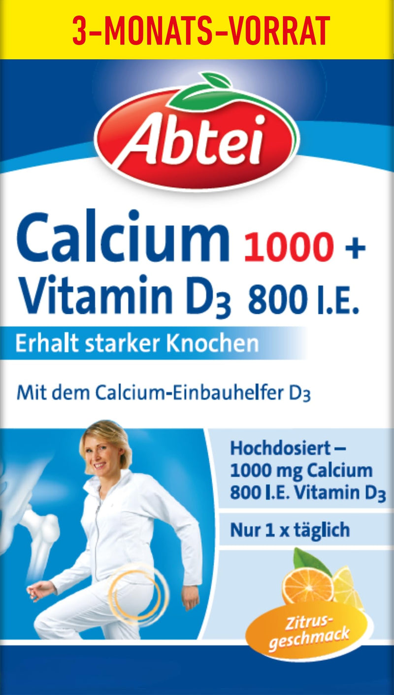 [Australia] - Abbey Calcium 1000 + Vitamin D3 - For maintaining strong bones - High dosage, gluten-free, lactose-free, gelatin-free - Storage pack - 90 chewable tablets for 3 months 