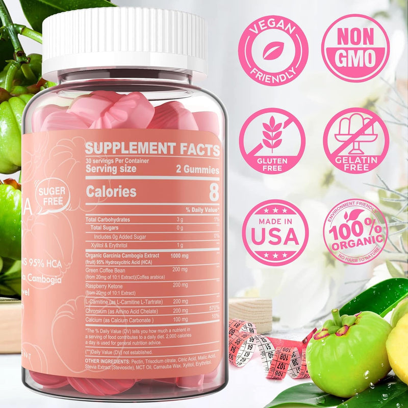 [Australia] - Sugar Free Garcinia Cambogia Gummies 1000mg 95% HCA with L-Carnitine, Raspberry Ketone, Chromium, Green Coffee Bean for Metabolism, Energy Boost, 100% Organic Extract, Vegan, Strawberry Flavor 120 Cts 30 Count (Pack of 2) 