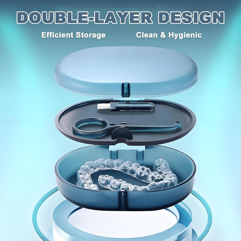 [Australia] - New Double-layer Retainer Storage Case with Belt Chewing,Removal Tool,Cleaning Brush,Built in Mirror Orthodontic Retainer Case,Mouth Guard Case,Denture Case blue 
