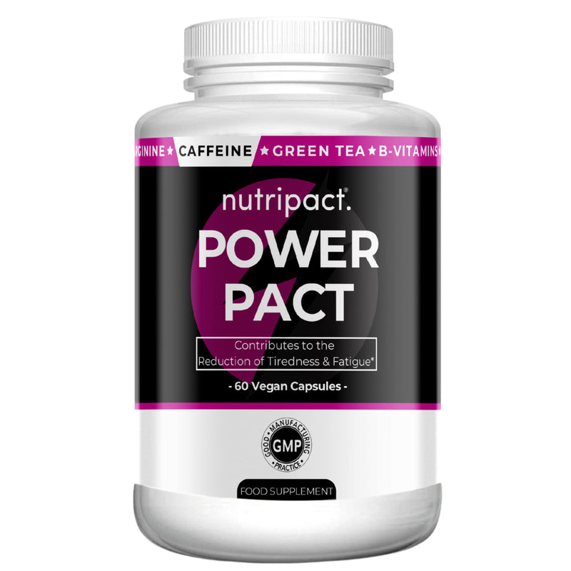 Nutripact Caffeine Capsules 12-in-1 Energy Booster Complex with Green Tea, L-Tyrosine, L-Arginine, B Vitamins, VIT C & Iron - for Running, Pre Workout, Focus, Tiredness & Fatigue - 60 Vegan Capsules