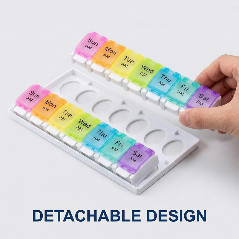2 Pack Weekly Pill Organizer for Seven Day, Medicine Dispenser Daily Vitamin Container Supplement Holder Moisture Proof Box, Portable Travel Case for Morning Evening Routine Secure Practical Planner 2 Pack