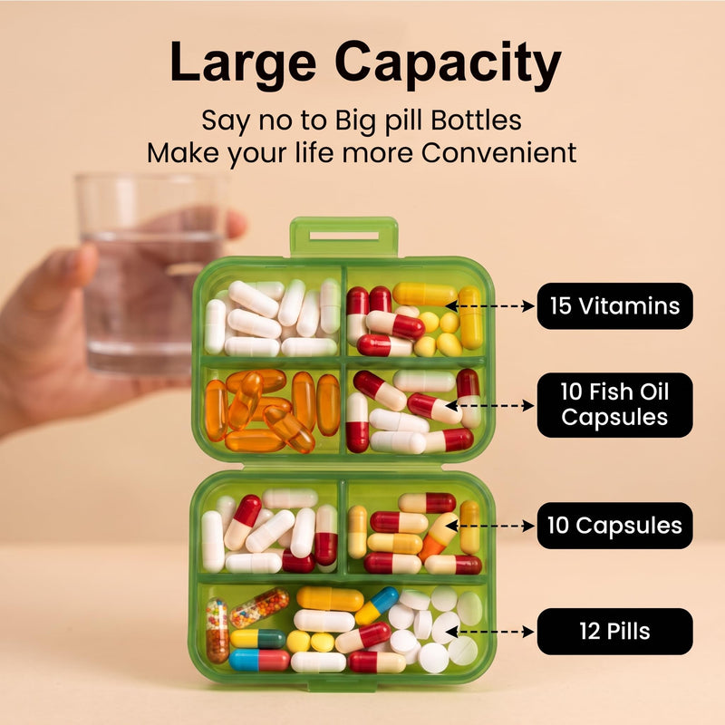 Travel Pill Organizer, Weekly Portable Medicine Case (Green) | with 7-day Stickers, Compact Size Fits Purse Pocket, for Vitamins and Medication Daily Green