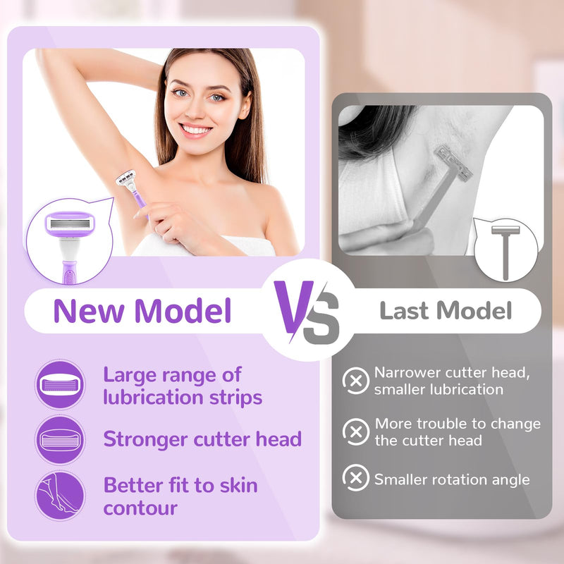 [Australia] - Razors for Women Include 2 Non-Slip Handles and 14 Blade Refills with a Shower Holder, 5 Premium Blades Women's Razors for Shaving with 360° Lubrication Reduces Irritation, Purple 