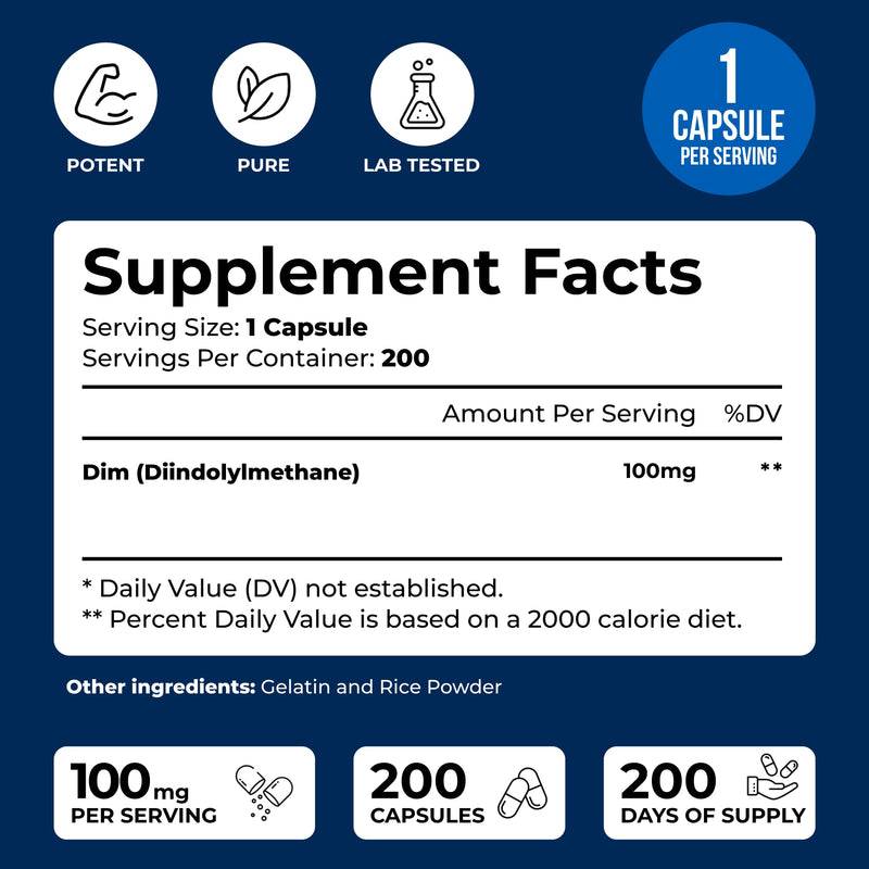 DIM 100mg Diindolylmethane DIM Supplement for Hormone Support*, 200 Caps | 200 Day Supply, Just 1 A Day - The Compound From Cruciferous Vegetables - Helps Support Healthy Estrogen Balance