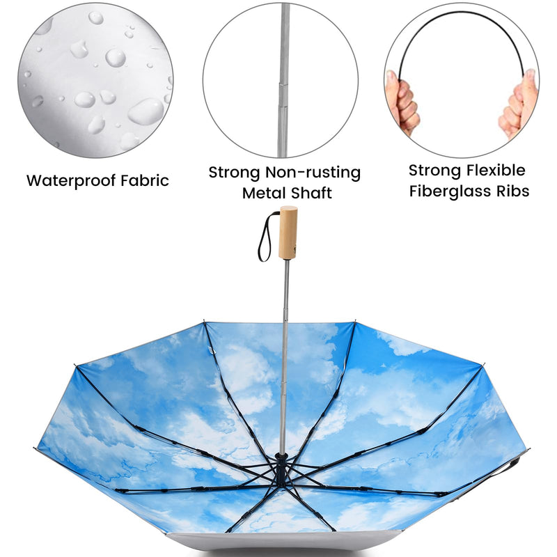 G4Free Windproof Travel Umbrella with Large Wooden Handle, UV Sun Protection Rain Umbrella Automatic Open And Close Compact 46" Large Canopy with UPF 50+