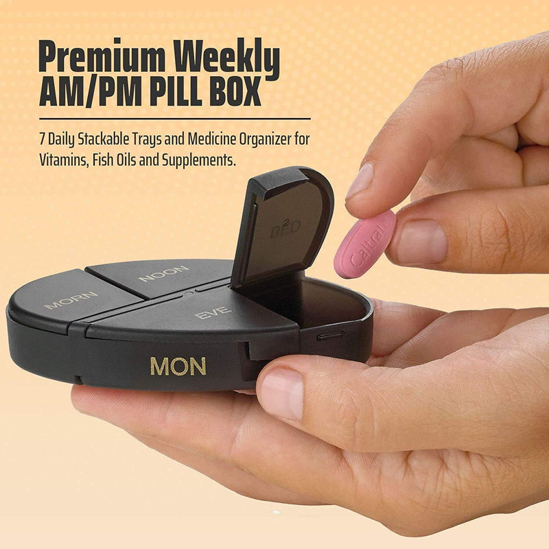 Weekly Pill Organizer - 2Pack - 4 Times-A-Day, Daily Stackable Medication Reminder - Weekly AM/PM Pill Box with 7 Individual Stacking Cases, a Everyday Medicine Organizer for Vitamins, Black & Gold Gold & Black 7 Count (Pack of 2)