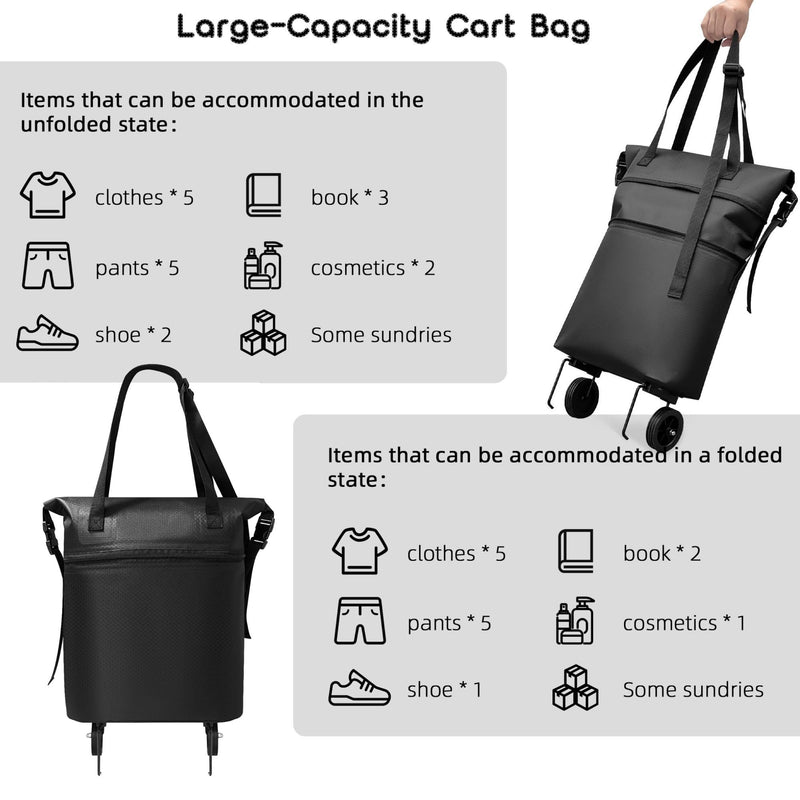 Rolling Duffle Bag with Wheels, Expandable Travel Duffle, Foldable Water-Resistant Shoulder Bag for Men & Women, Lightweight Portable Small Travel Bag for Trips, Camping, Shopping (Black) Black
