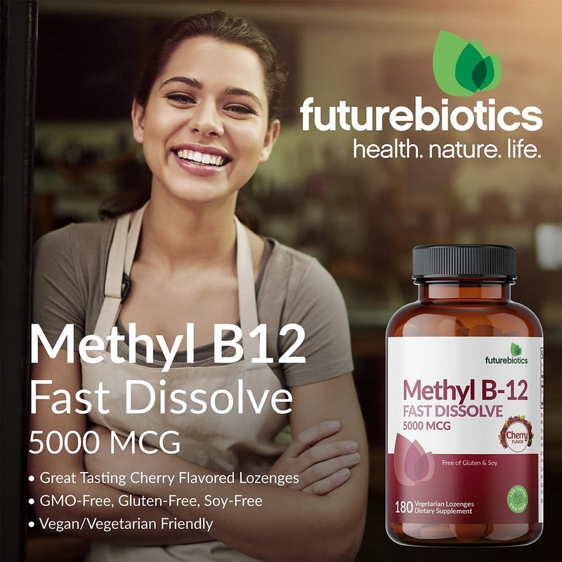 Futurebiotics Methyl B12 5000 MCG Vitamin B12 Methylcobalamin, Cherry Flavor Non-GMO, 180 Vegetarian Lozenges 180 Count (Pack of 1)