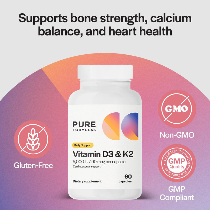 PureFormulas Vitamin D3 K2 Supplement, 5000 Iu Vitamin D3 and 90 mcg Vitamin K2, Supports Bone Strength, Calcium Balance, Heart Health, Gluten-Free & Non-GMO, 60 Capsules for Optimal Wellness