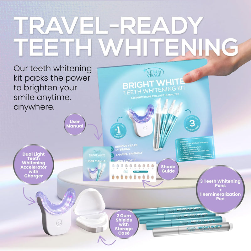 [Australia] - Venus Visage Teeth Whitening Kit with LED Light Device - Includes 3 Carbamide Peroxide Gel Pens, Teeth Whitening Trays & Remineralization Pens - 16 Min Non Sensitive Pens with Syringes 
