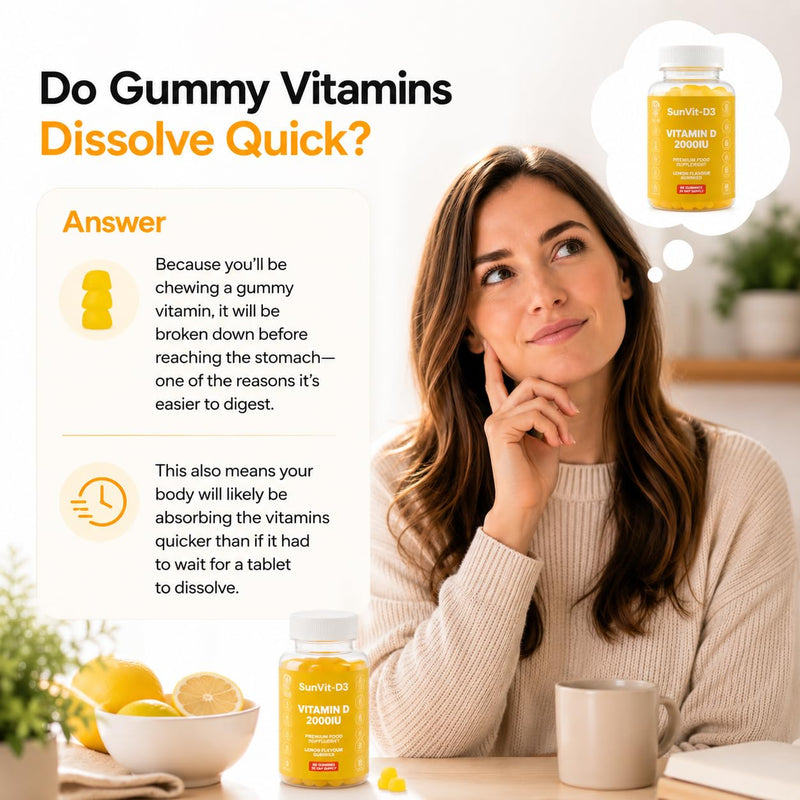 Sunvit-D3 Lemon Vitamin D3 Gummies 2000IU - Vitamin d for Adults & Menopausal Women | Alleviating Back & Muscle Discomfort | Chewable Vitamin D Gummies Suitable for Ages 11 & Above