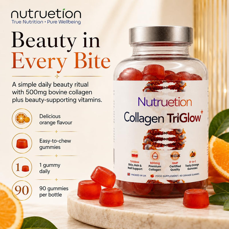 Bovine Collagen Gummies | TriGlow+ 8-in-1 Beauty Complex | 500mg Hydrolysed Bovine Collagen with Vitamin C, Biotin & Selenium | Skin, Hair & Nails Support | 90 Orange Gummies