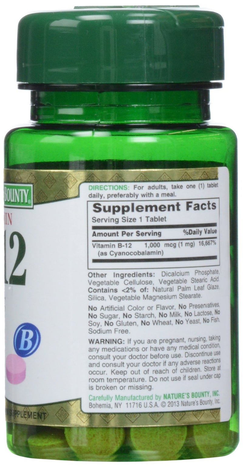 Nature's Bounty Vitamin B-12 1000 mcg Tablets, 100 Count (Pack of 1) 100 Count (Pack of 1)