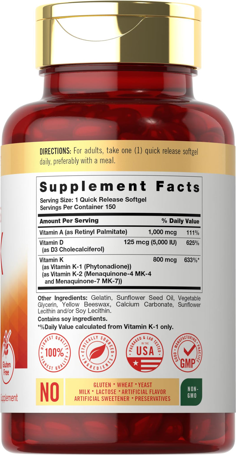 Carlyle Vitamin ADK Supplement | 150 Softgels | With Vitamins A, D3 (5000 IU), K1, K2 (as MK-4 & MK-7) | Non-GMO, Gluten Free
