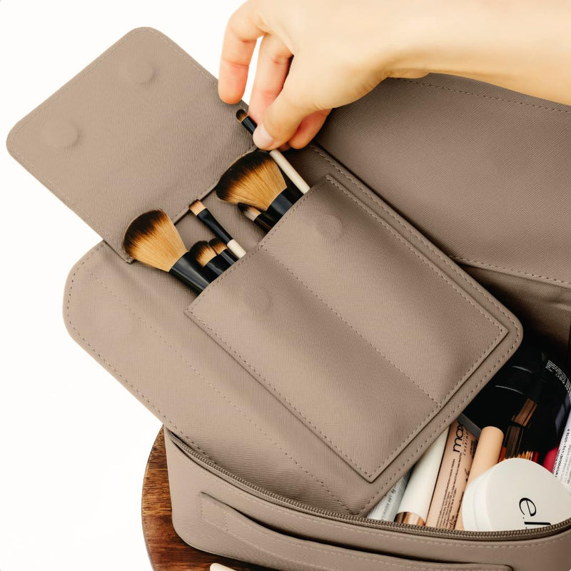 MELINE Leather Makeup Bag with Brush Holder,Travel Cosmetic Case for Women,Large Capacity Waterproof Toiletry Bag with Handle,Stylish and Durable Makeup Organizer (Taupe) Taupe