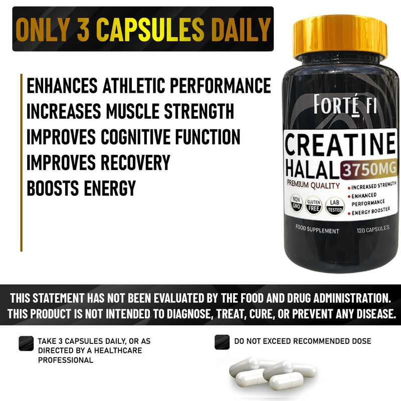 Halal Creatine Capsules | High Purity Supplement for Muscle Strength & Recovery | Halal Certified Creatine Nutritional Supplement | 120 Vegan Tablets