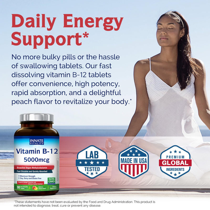 Innate Vitality Vitamin B12 5000mcg, Sublingual, Vegan Methylcobalamin, Fast Dissolve Tablets, Natural Peach Flavor, Supports Energy Production & Healthy Nervous System, 90 Tablets 90 Count (Pack of 1)