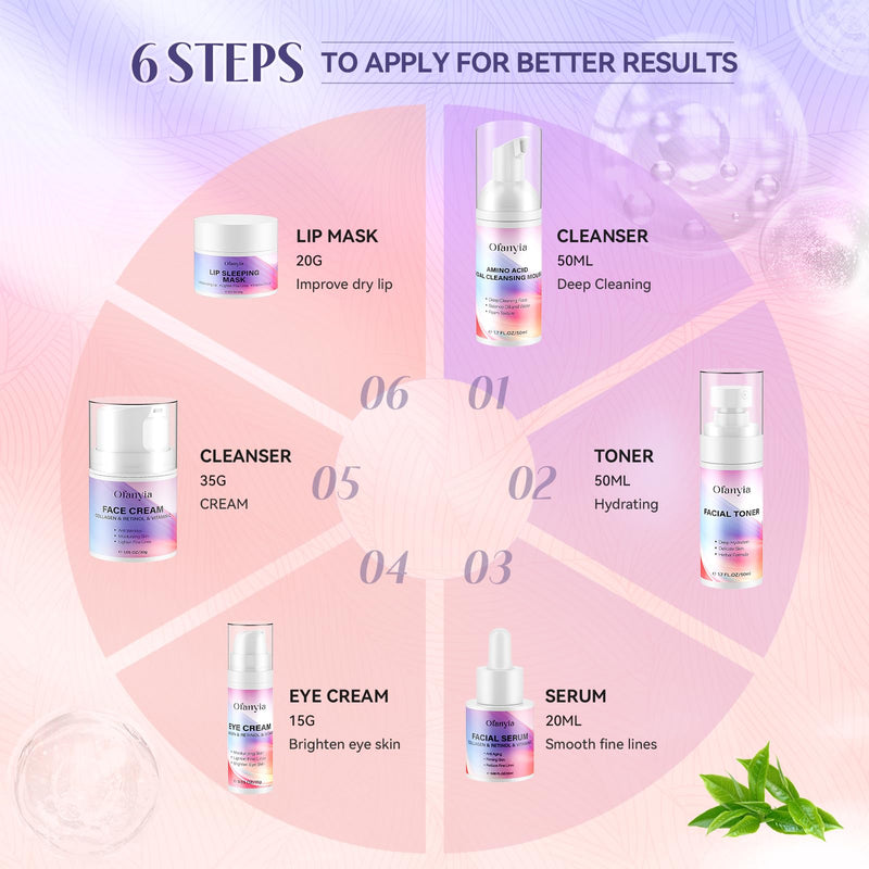 Collagen Retinol Skincare Set, 6 Pcs Anti-Aging Skin Care Set with Hydrating Cleanser, Eye Cream, Toner, Cream & Lip Mask, Facial Kit for Women, Birthday Gift for Her Collagen & Retinol