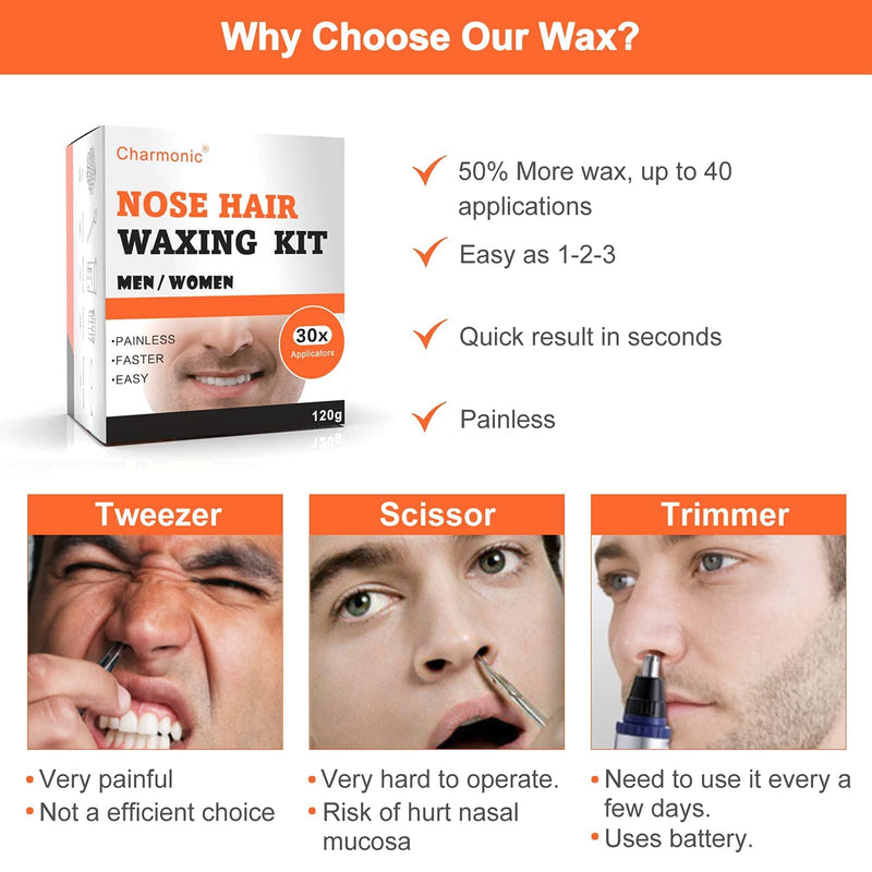 120g Charmonic Nose Hair Waxing Kit with 30 Applicators, Quick and Painless Removal for Men and Women, Enough for 15-20 Uses 120g Nose Wax