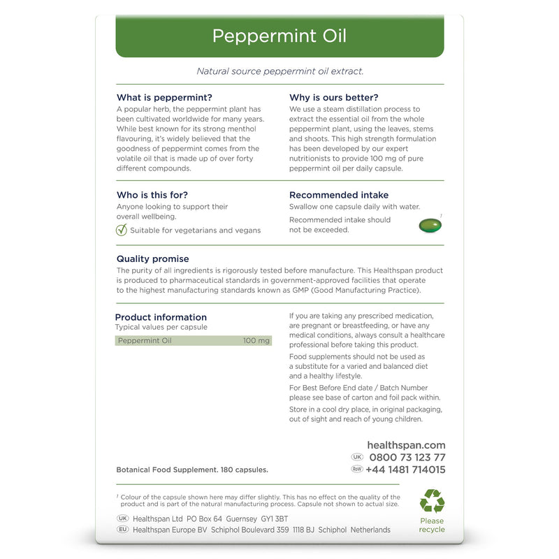 Healthspan High Strength Peppermint Oil 100mg (180 Capsules) | Helps to Support a Healthy Digestion | One-A-Day & Easy to Swallow Capsule | Vegan