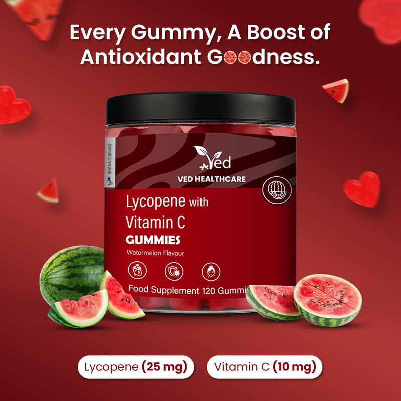 VED Lycopene Watermelon Flavour Gummies for Men & Women – Powerful Antioxidant for Skin & Vision Support, Plant-Based, Vegan, Non-GMO, 120 Count Daily Gummy Chews