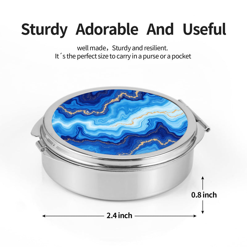 Pill Case Pill Box with Mirror Pocket 3 Compartment Medicine Case Vitamin Pill Organizer for Pocket Purse and Travel (Round, Silver-Blue Marble Pattern) Blue Marble Pattern