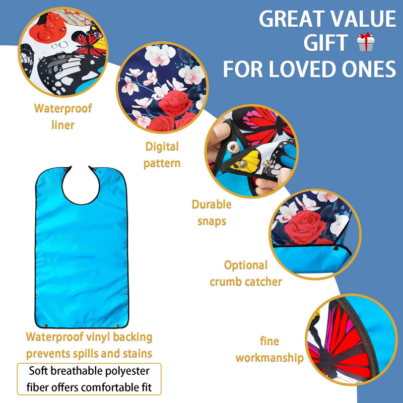 [Australia] - 3 Pack Adult Bibs for Women, Reusable Adult Bibs for Eating with Optional Crumb Catcher, Waterproof Washable Dining Clothing Protector, Gifts for Women/Mom Flower Butterfly Pink Flower 