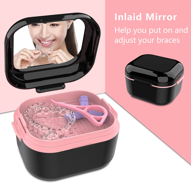 [Australia] - BVN Denture Bath Denture Case: Denture Cup for Soaking Dentures, Retainer Cleaner Case with Mirror, Mouth Guard Case, Aligner Case, Retainer Holder, Night Guard Case, False Teeth Container Black Black Pink 